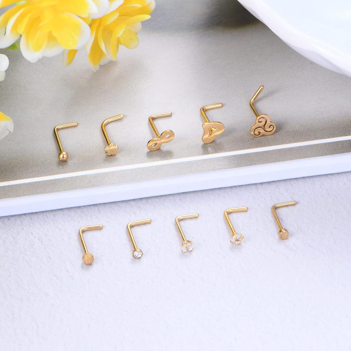 Nasenpiercing Set Chirurgenstahl L-Form Zirkon 24 Stück Roségold