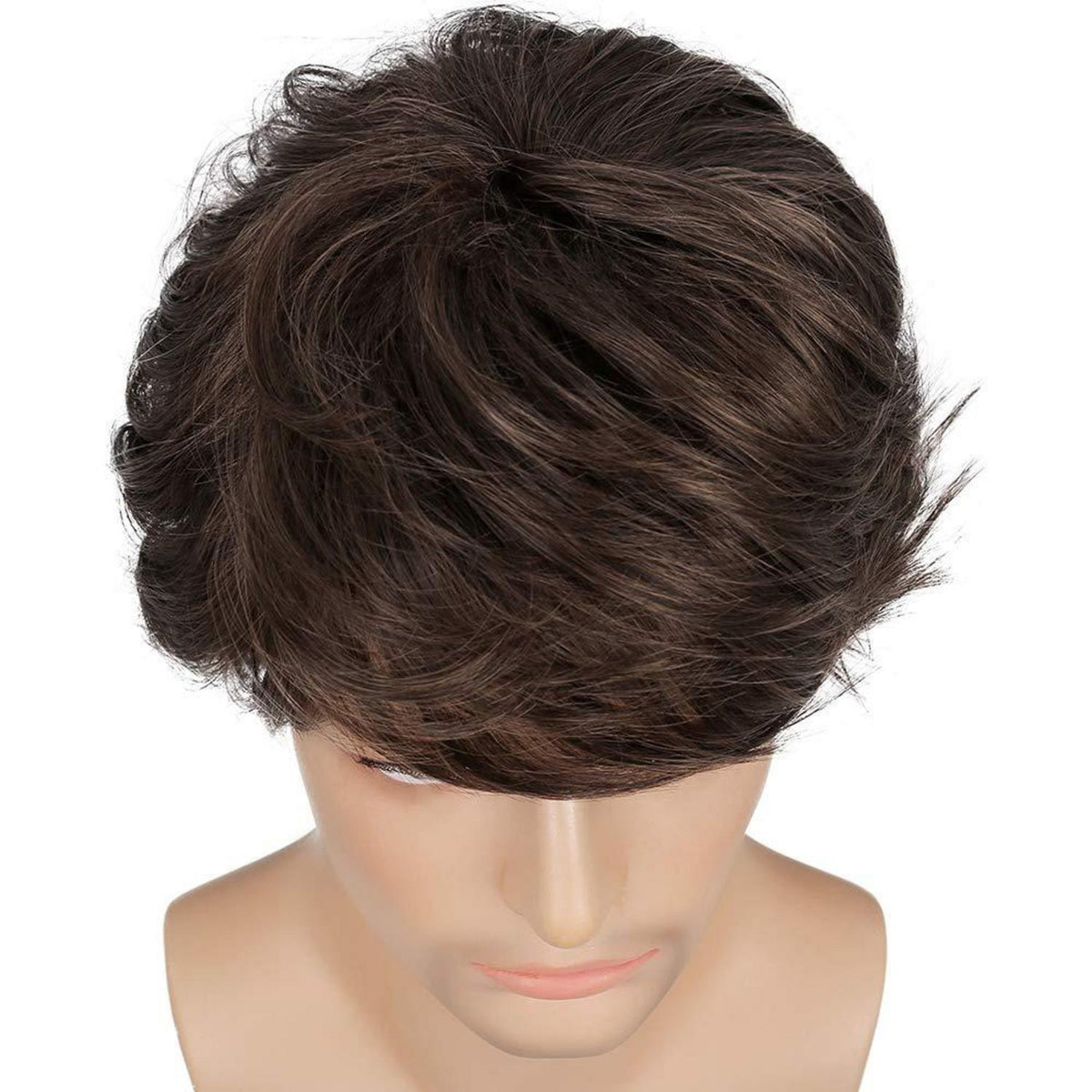 Perücke Herren Braun Kurz Haare Layered Wave mit Pony Synthetische