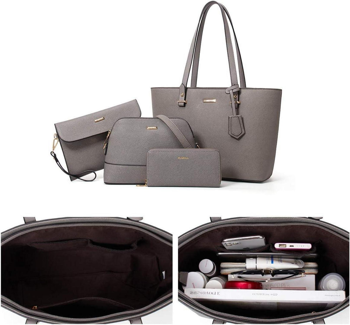 YTL Damen Handtasche Tote Shopper Schultertasche Umhängetasche 4-teilig Grau