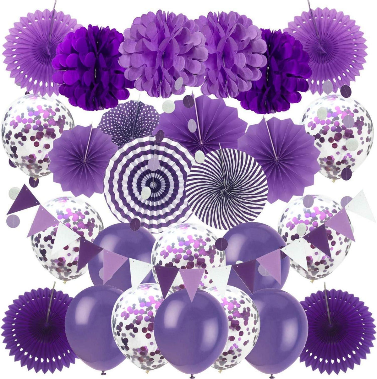 Party Dekoration Set Violett Konfetti Ballons Pompoms Fächer Girlande