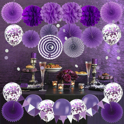 Party Dekoration Set Violett Konfetti Ballons Pompoms Fächer Wimpel Girlande
