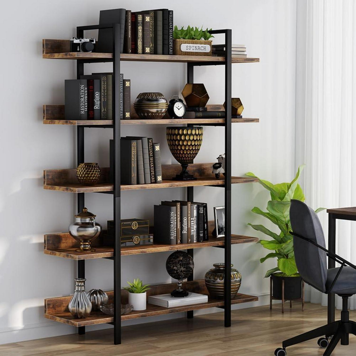 5-stufiges Industrielles Bücherregal mit Eisenrohrrahmen