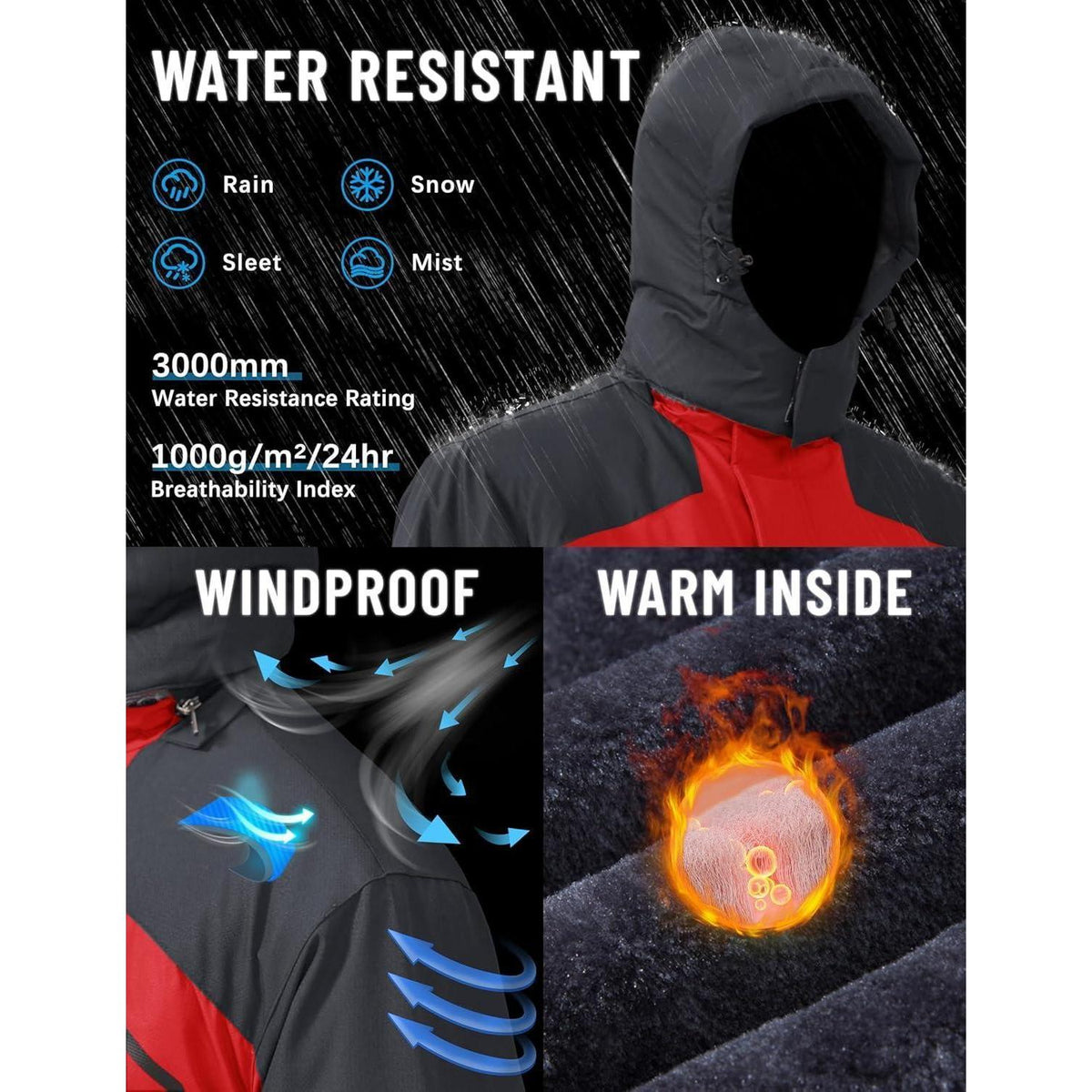 Herren Winterjacke wasserdicht warm gefüttert rot 3XL