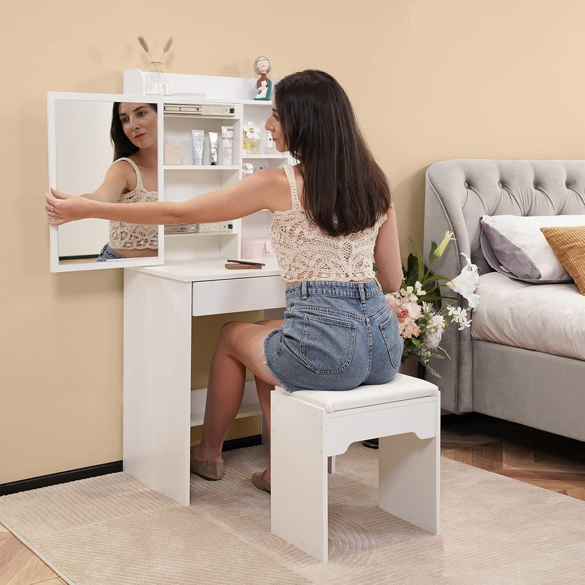 Schminktisch mit Hocker & Spiegel – Weißes Schlafzimmer-Set