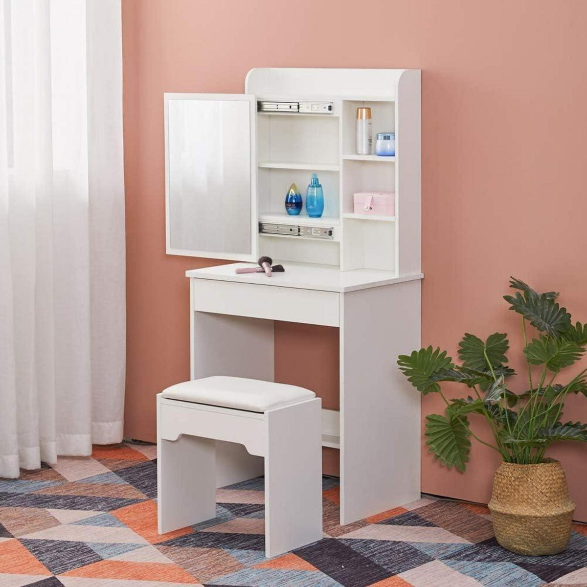 Schminktisch mit Hocker & Spiegel – Weißes Schlafzimmer-Set