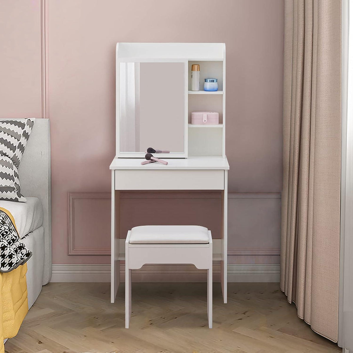 Schminktisch mit Hocker & Spiegel – Weißes Schlafzimmer-Set