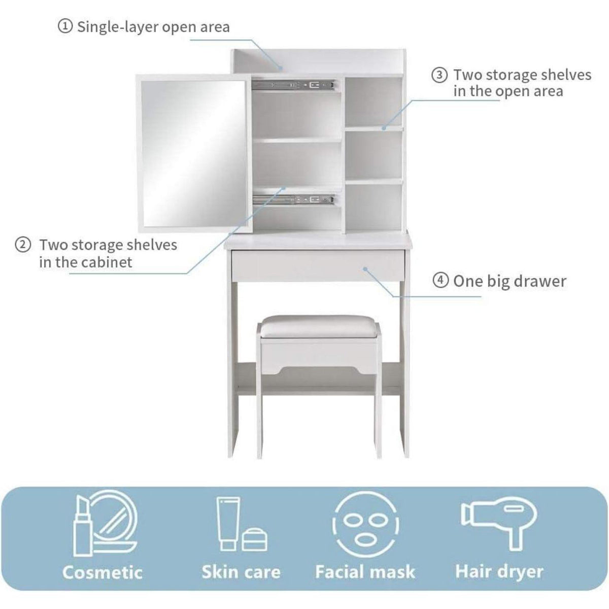 Schminktisch mit Hocker & Spiegel – Weißes Schlafzimmer-Set