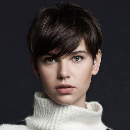 Kurze Damen Perücke Pixie Cut Schokoladenbraun mit Pony