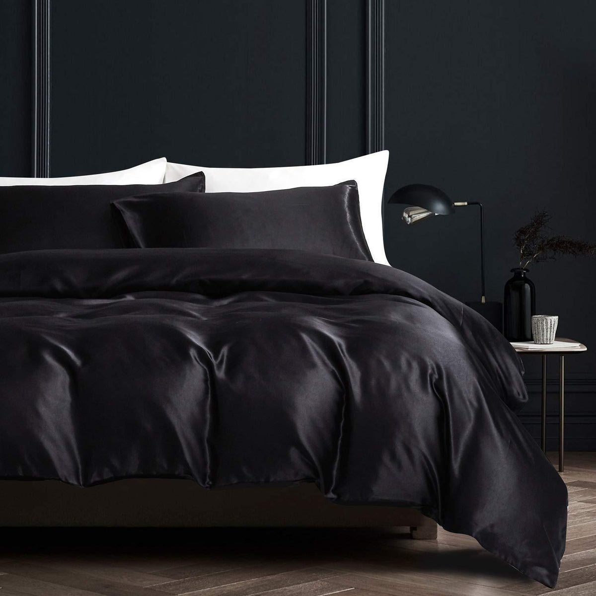 Satin Bettwäsche Set Schwarz 200x200cm + 2x 80x80cm