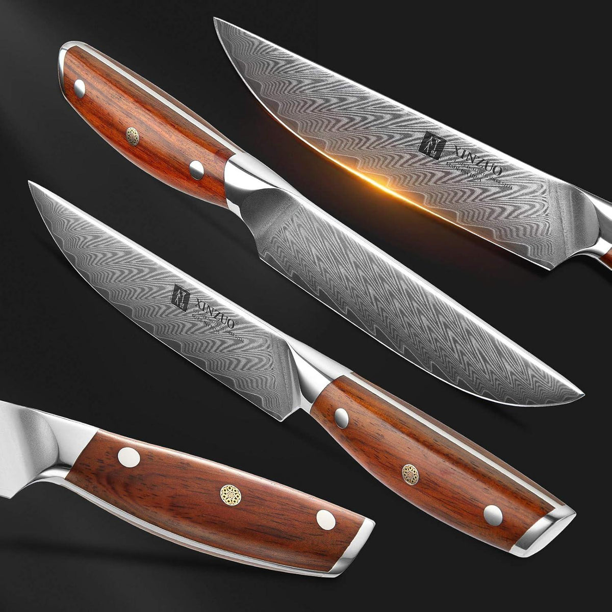 Steakmesser Set Damaststahl Premium 4-teilig - Geschenkbox- Roseholz