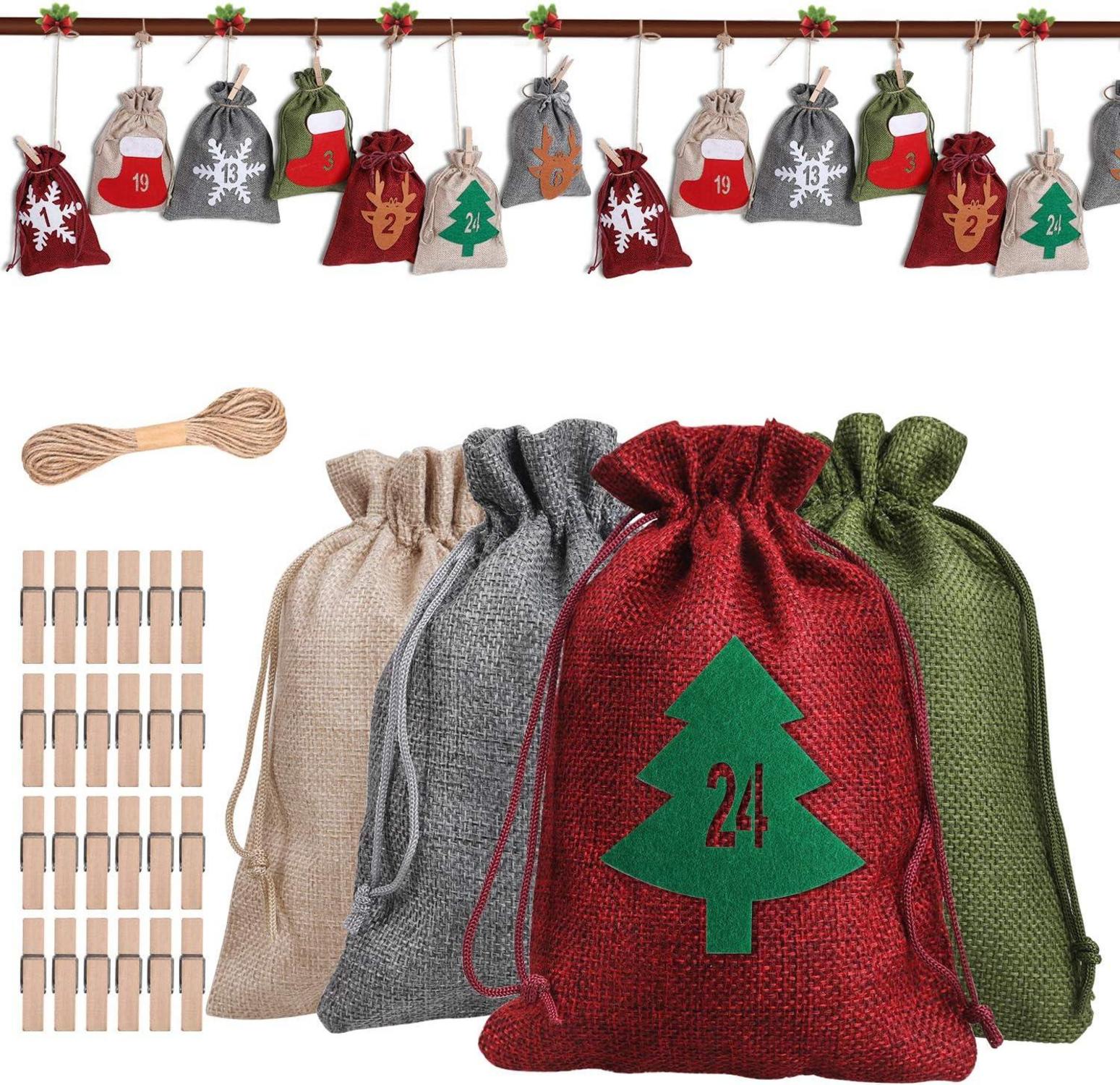 DIY Adventskalender Stoffsäckchen Jutesacken 24 Adventszahlen Filz