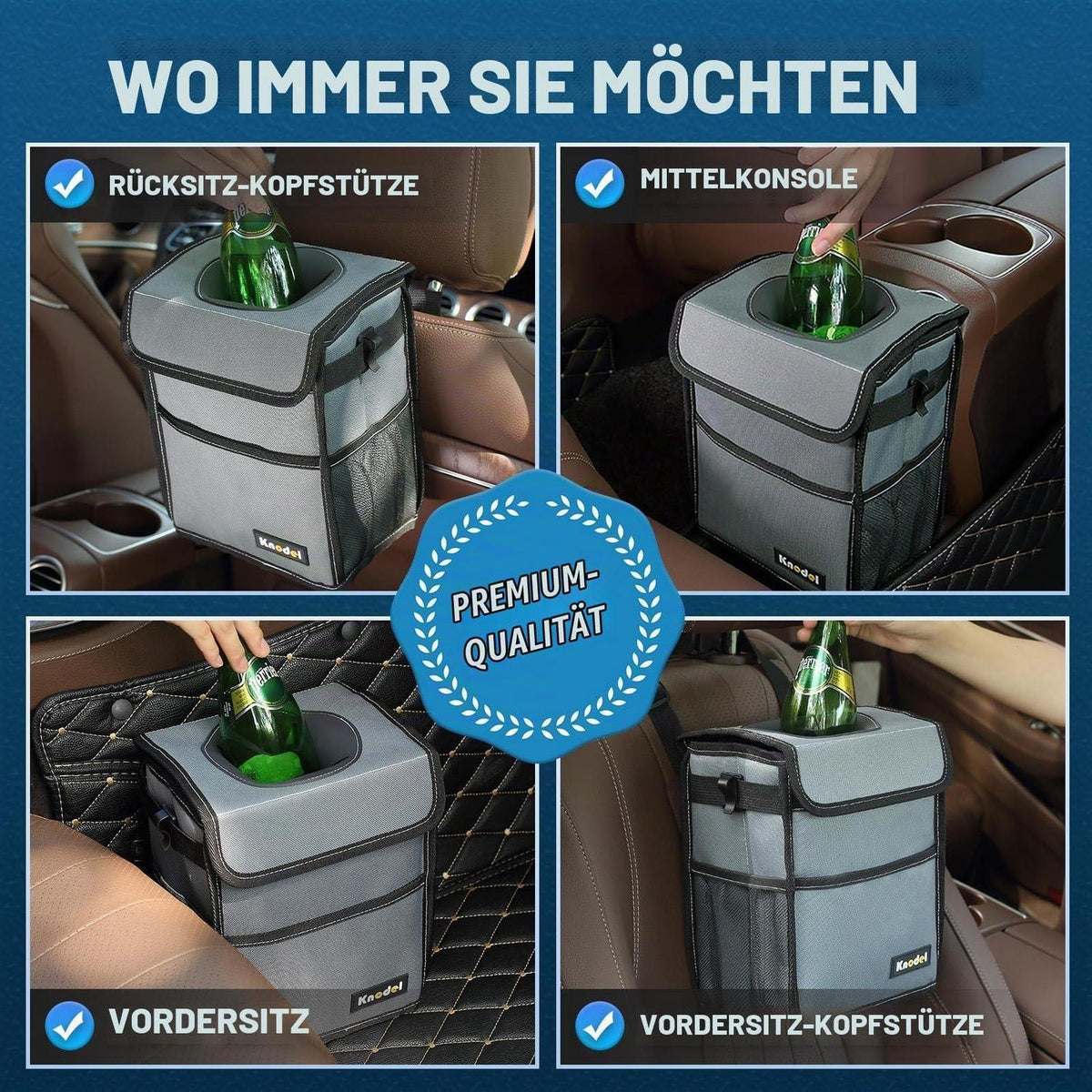 Auto-Mülleimer mit Deckel & Gurt – Grau, Mittel