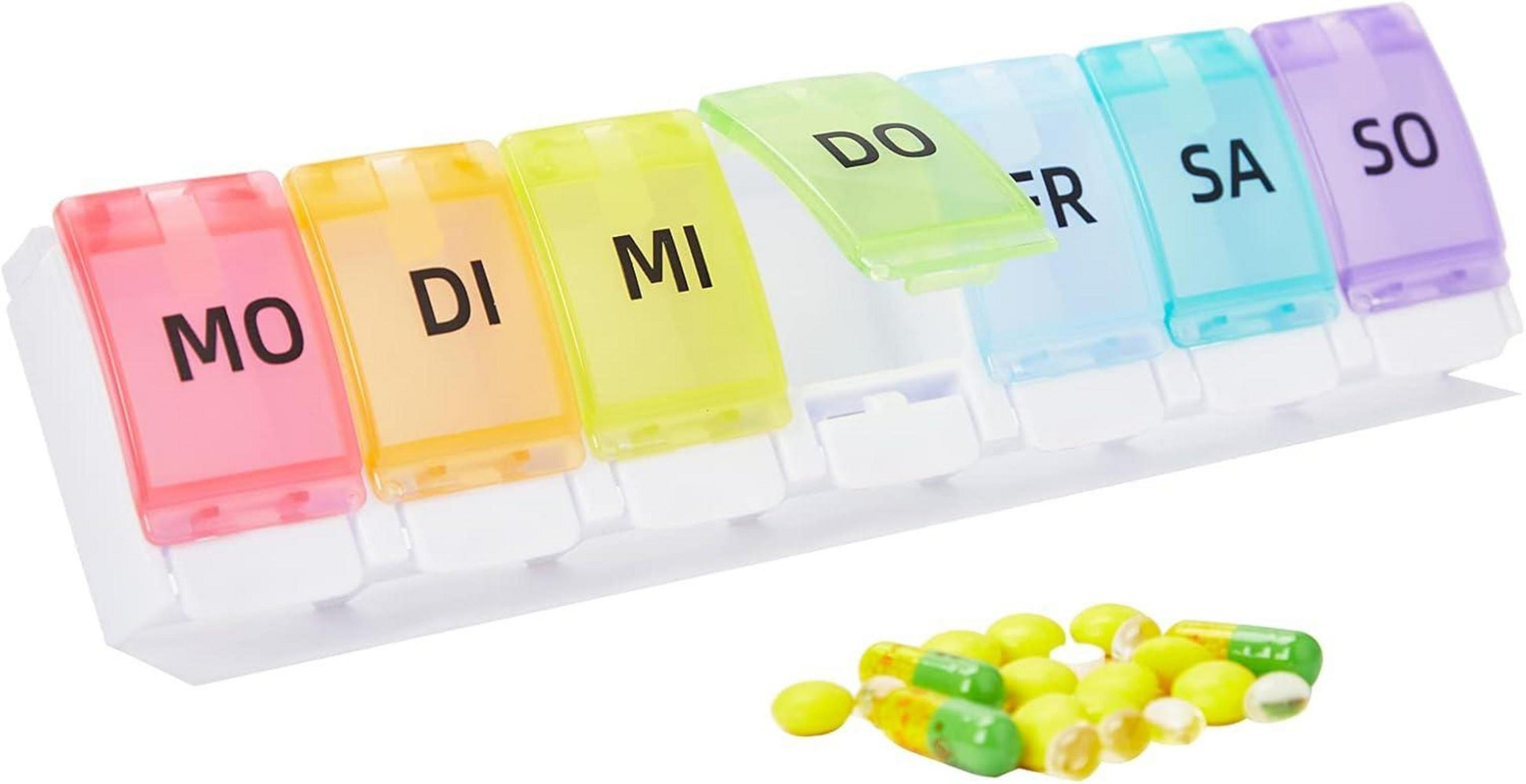 Wochen-Pillendose für 7 Tage - Tablettenbox mit Knopf und