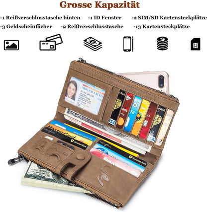 Große Vintage Leder Geldbörse Damen RFID Schutz Apricot