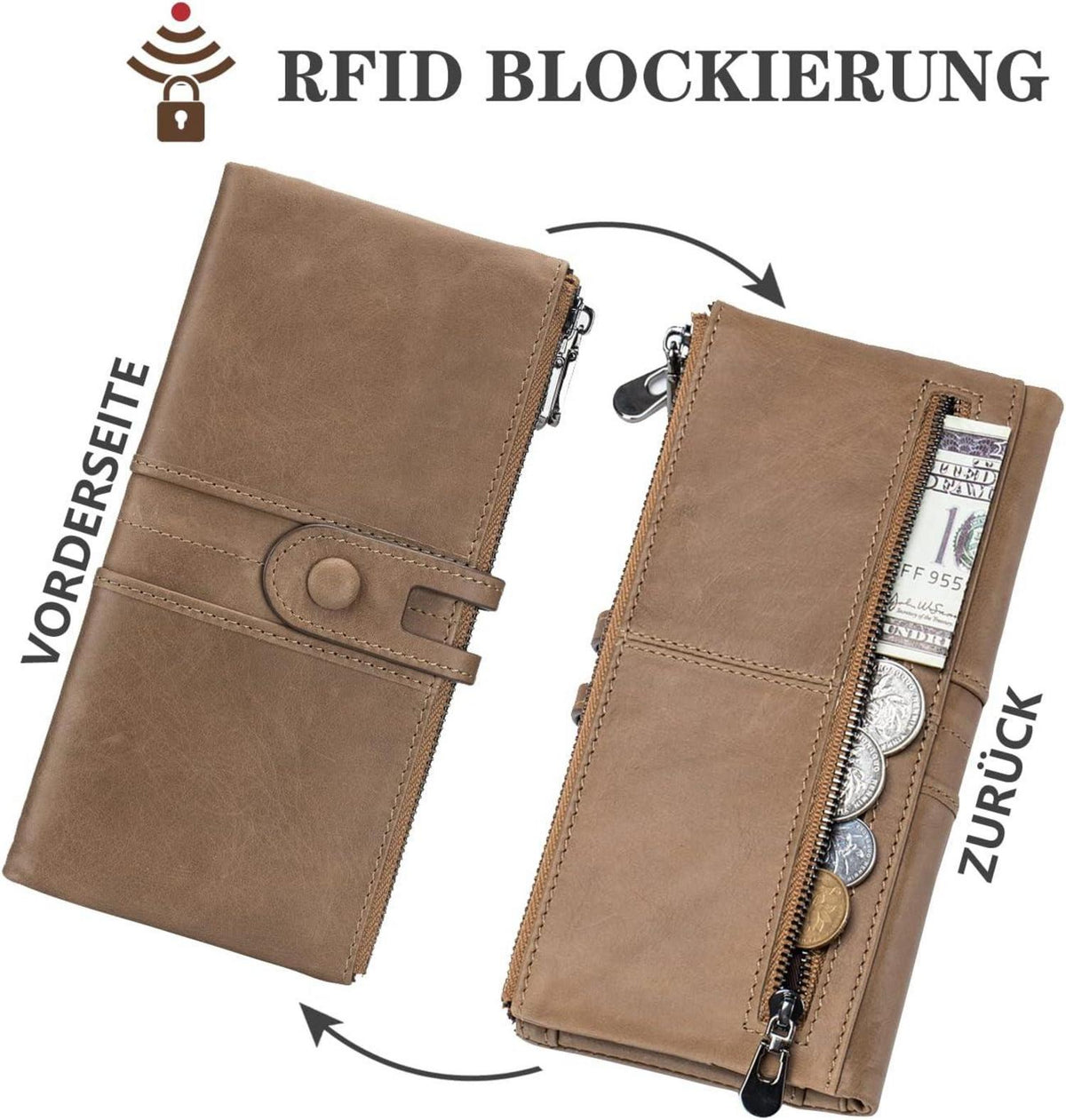 Roulens Große Vintage Leder Geldbörse RFID Damen 13 Kartenfächer Handyfach Echtleder - Apricot