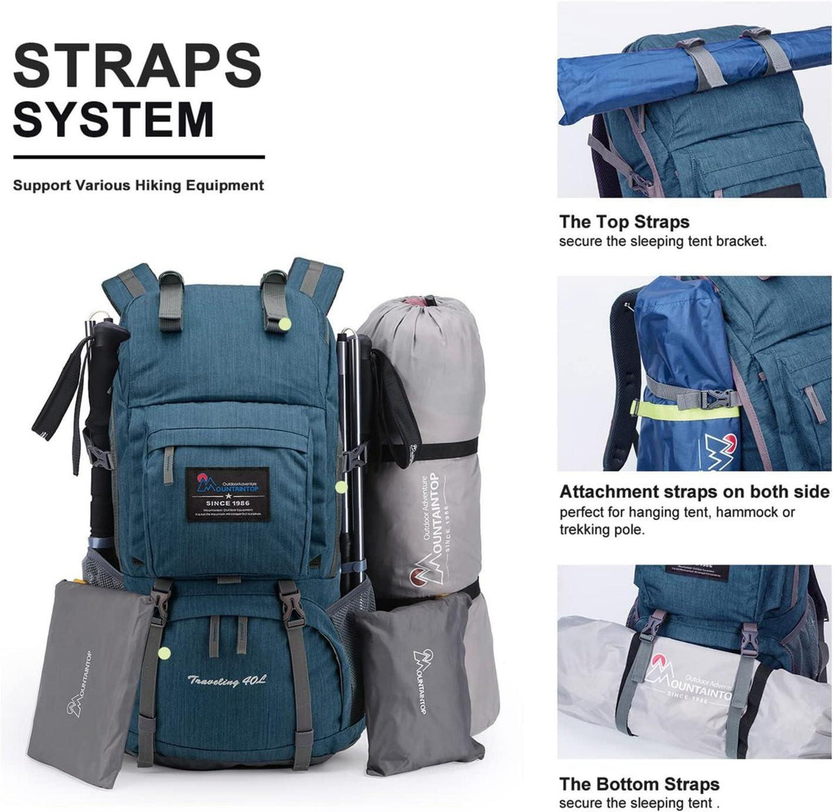 Mountaintop 40L Wanderrucksack Damen Herren Trekkingrucksack Outdoor Camping Backpacker Rucksack Regenhülle 40L 03 Azurblau