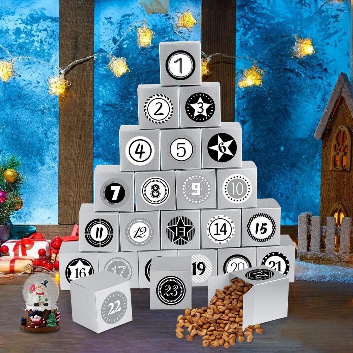 Adventskalender zum Befüllen Boxen 24er Set Weihnachtlich DIY Silber