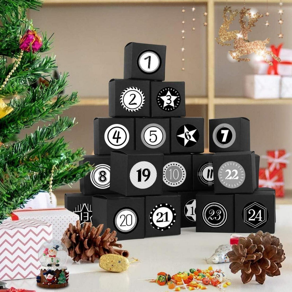 Adventskalender 24 schwarze Geschenktüten Weihnachtliches DIY 2024