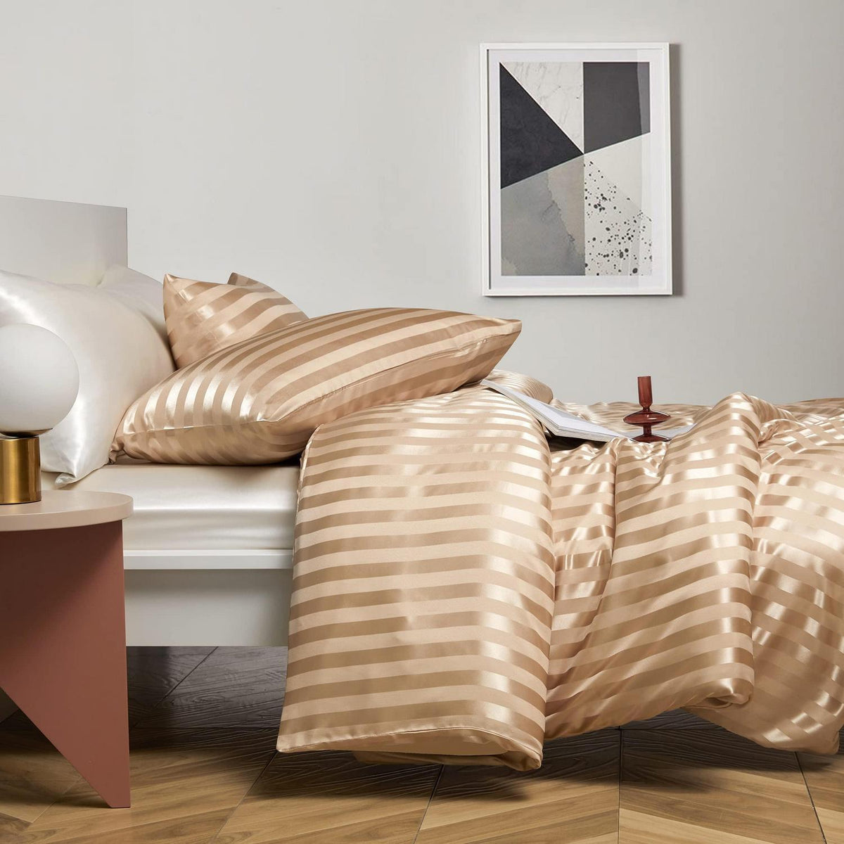 Damier Bettwäsche-Set 220x240cm Beige Satin Glanz Seide