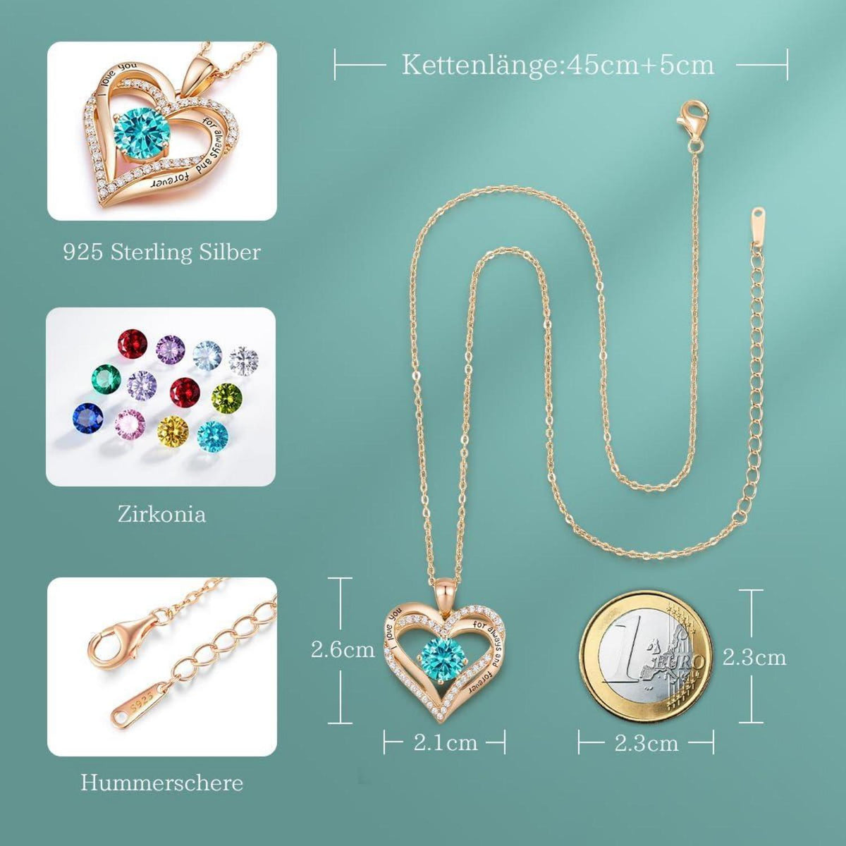CDE Kette Damen 925 Sterling Silber Herz Geburtsstein Halskette Rosegold