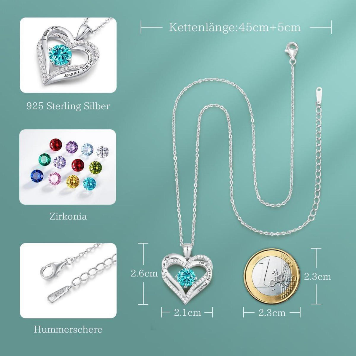 Herz Halskette 925 Sterling Silber Rosegold mit Geburtsstein und Zirkonia