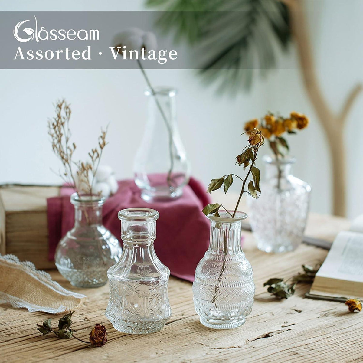 Vintage Glasvase 5er-Set Blumen Bud Mini-Erbsenvase Deko Hochzeit Klar