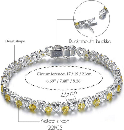 Damen S925 Silber Armband Gelb Kristall Herz 21cm