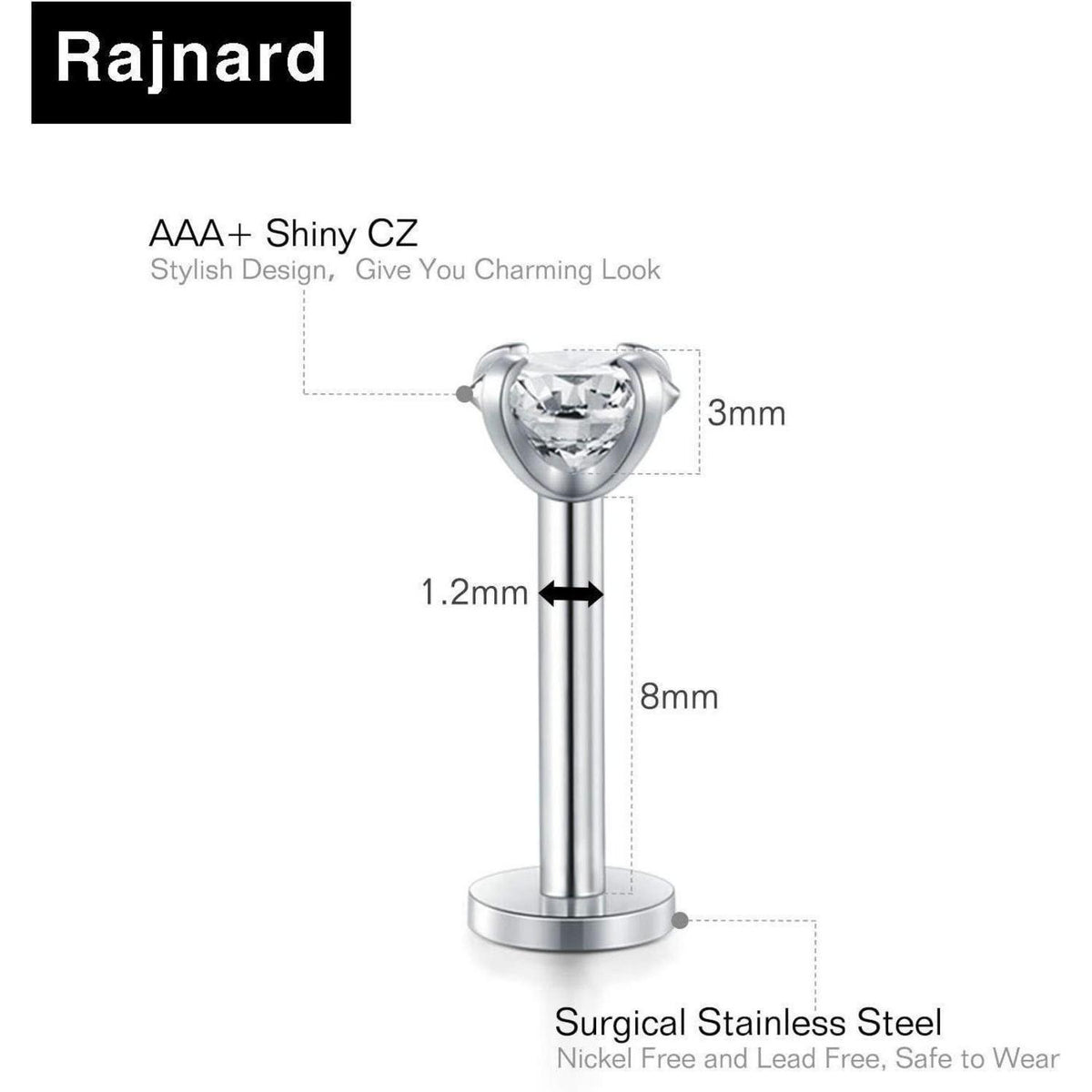 Chirurgenstahl Piercing Set 16G Silber mit CZ für Damen & Herren