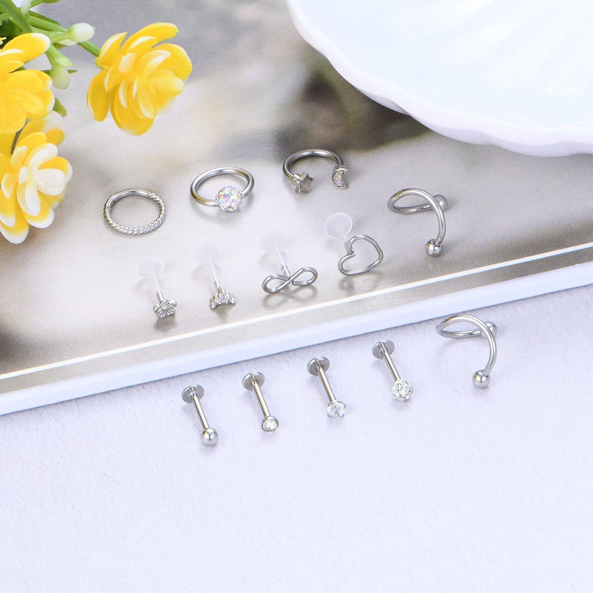 Chirurgenstahl Piercing Set 16G Silber mit CZ für Damen & Herren