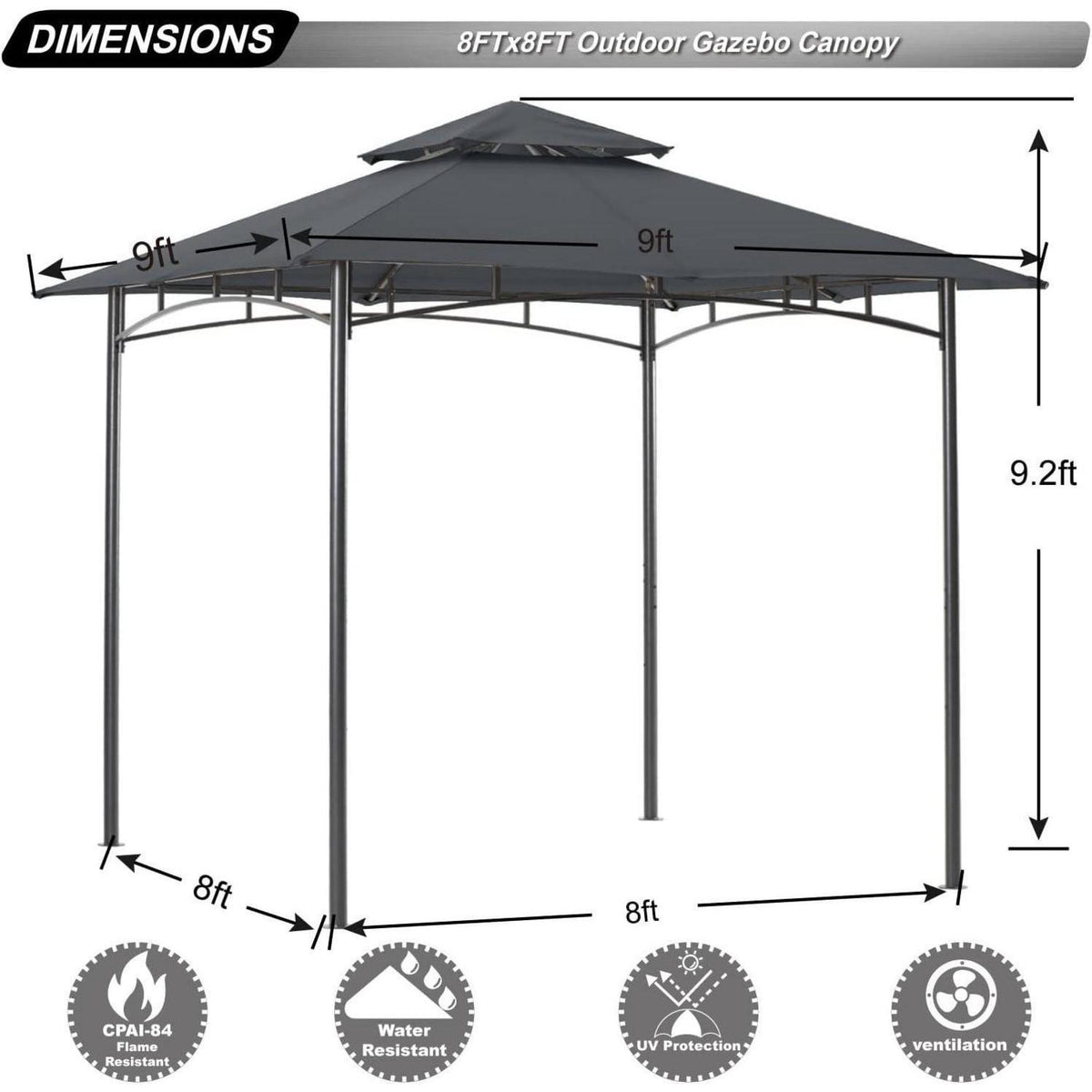 2,5x2,5m Gartenpavillon mit Doppeldach, Dunkelgrau