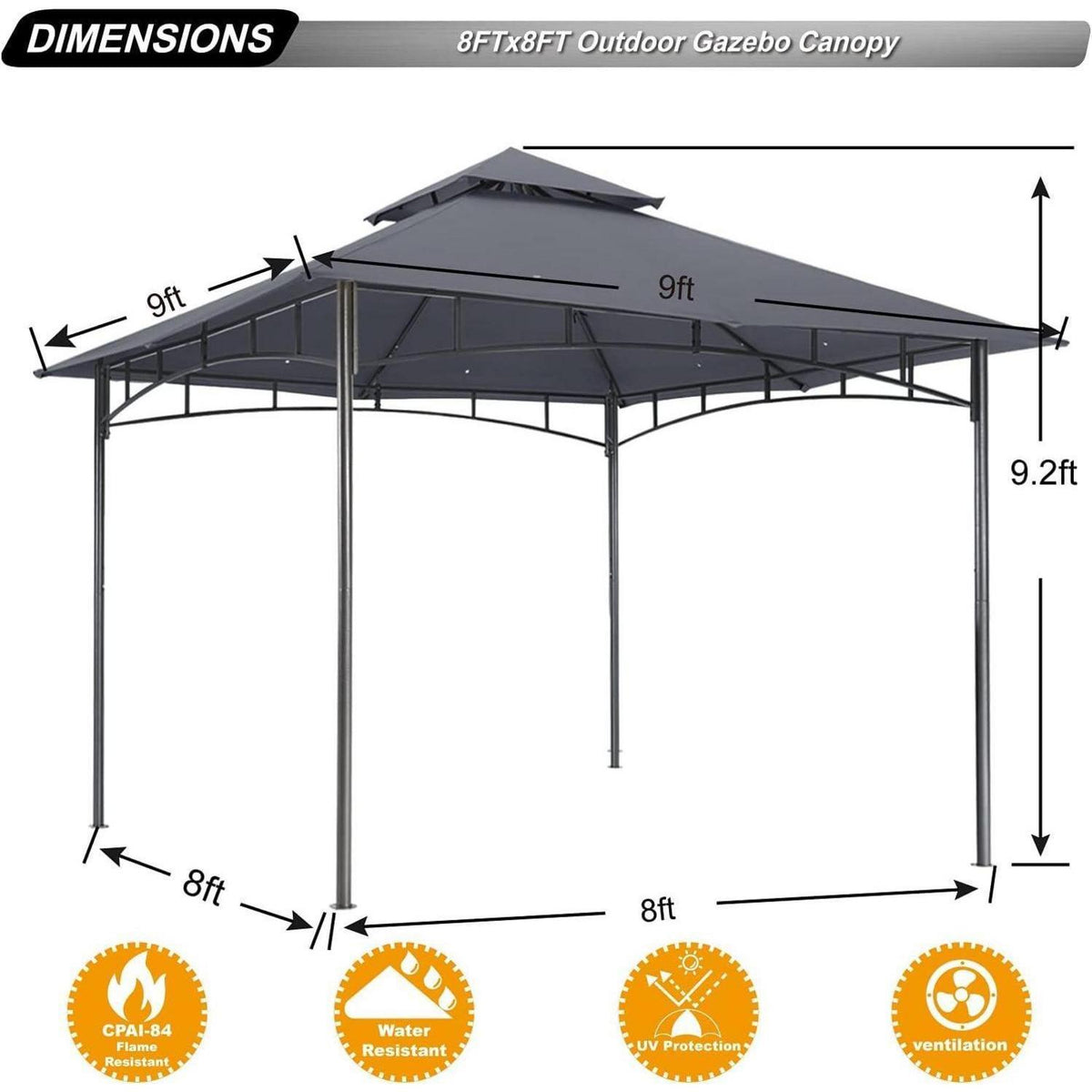 2,5x2,5m Gartenpavillon mit Doppeldach, Dunkelgrau