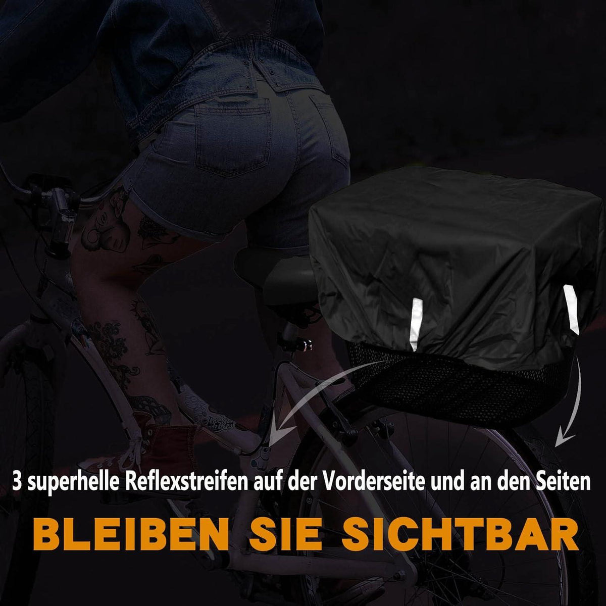 Fahrrad Korbabdeckung wasserdicht mit Reflektorstreifen Schwarz