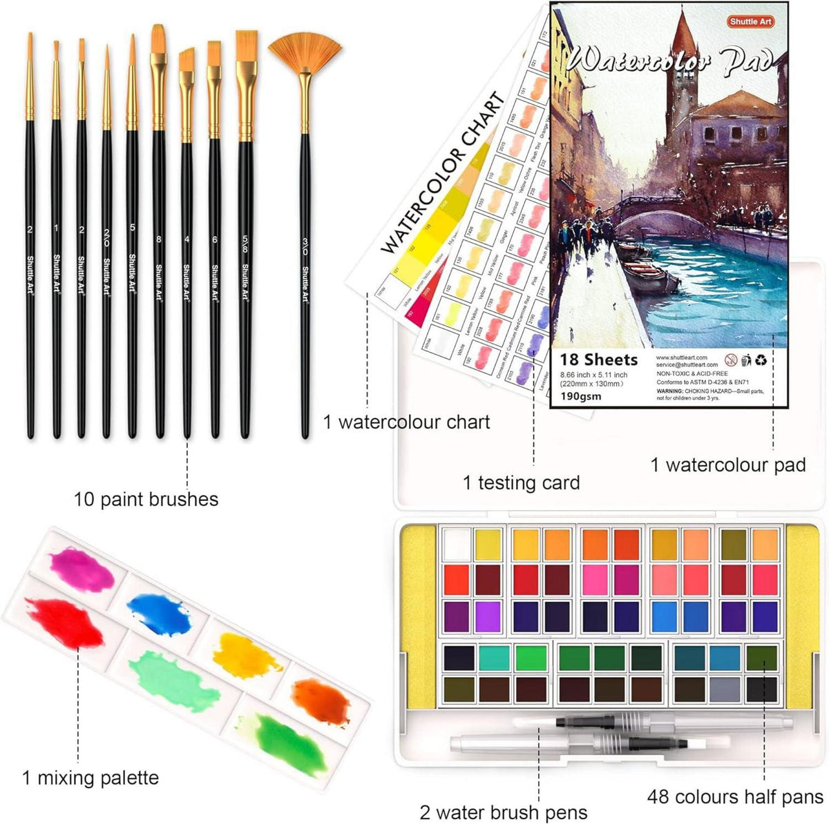 Aquarellfarben Set 48 Wasserfarben 2 Wasserpinsel 10 Pinsel