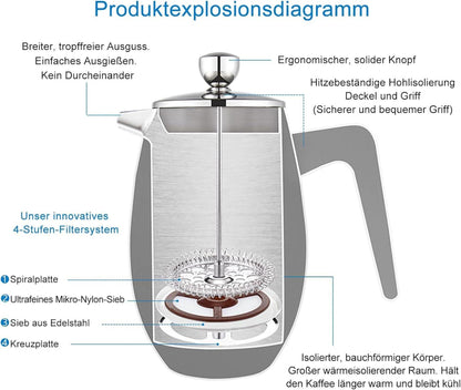 Französische Presse 700ml doppelwandig isoliert Edelstahl
