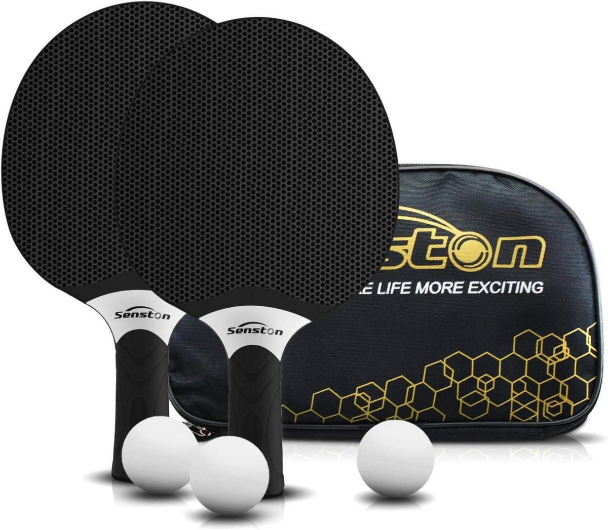 Senston Tischtennisschläger Set mit 3 Bällen Gummi Schwarz
