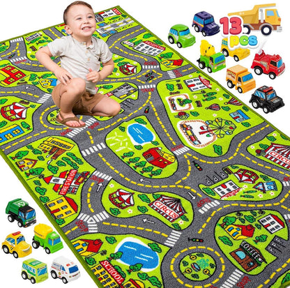 Spielteppich Auto Set für Kinderzimmer 80x150cm 12 Mini Autosätz