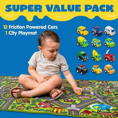 Kinder Teppich Spielteppich 80x150cm mit 12 Mini Autos - Straße Autoteppich Mädchen Junge