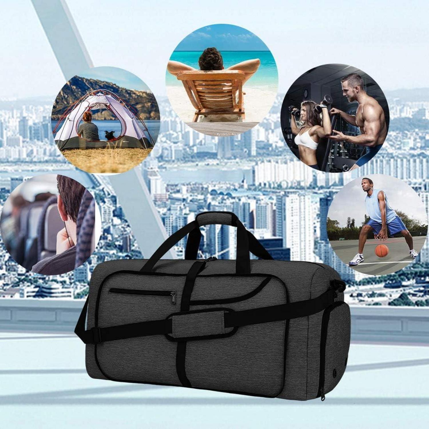 Große faltbare Reisetasche 80L mit Schuhfach Schwarz Herren Damen
