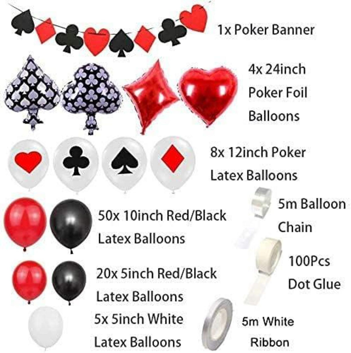 Luftballons Casino Set, 107 Stück Schwarz Rot Weiß für Casino Las Vegas Party