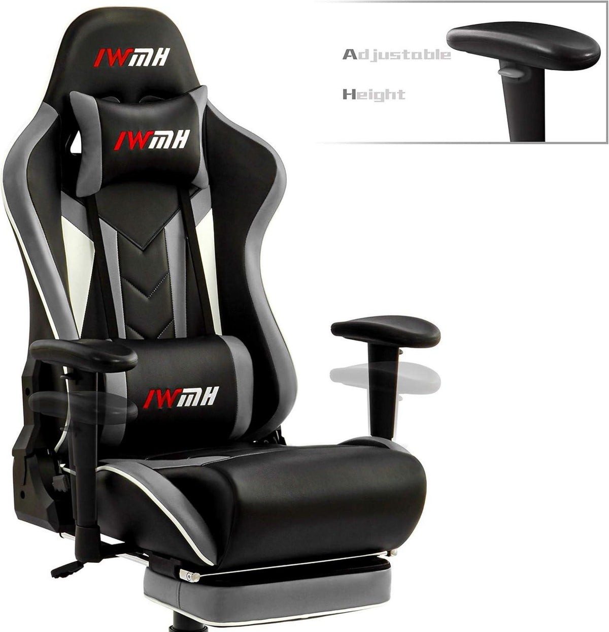 Ergonomischer Gaming Stuhl mit Fußstütze und Lendenstütze, Grau