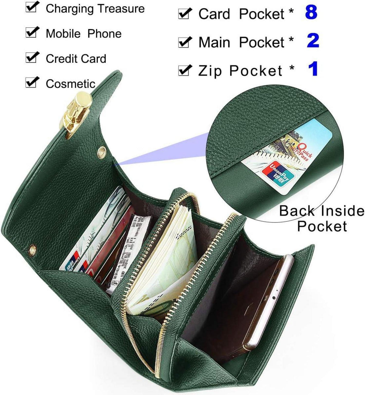 Damen Echtes Leder Umhängetasche Handy Crossbody Grün