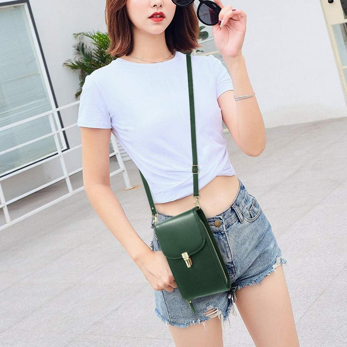 Umhängetasche Damen Echtes Leder Handytasche Grüner Crossbody