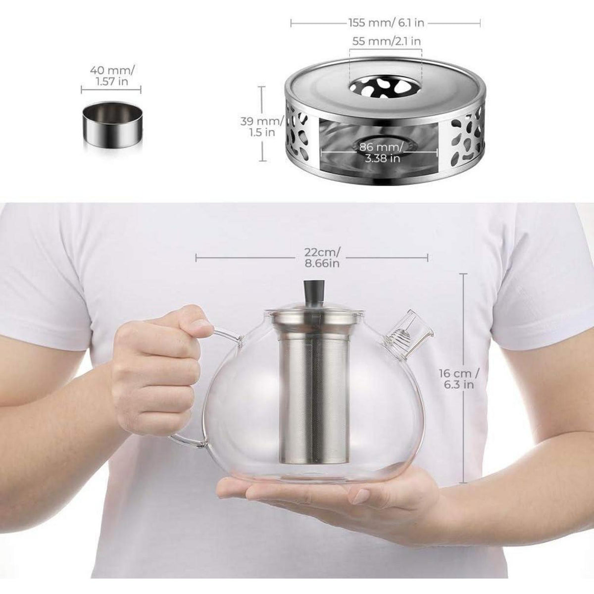 Teekanne Glas 2000ml mit Stövchen & Edelstahl-Sieb