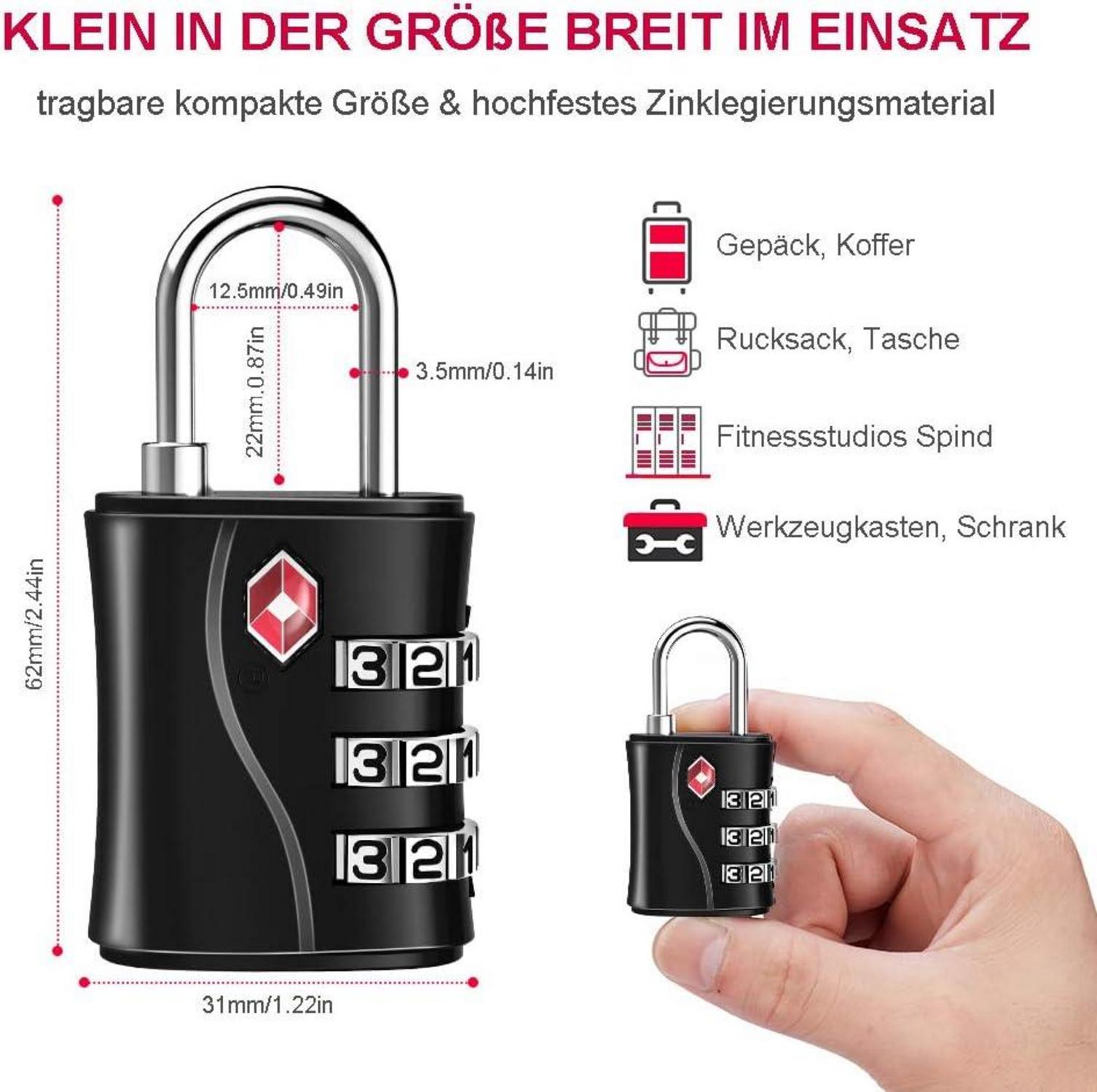 TSA Kofferschlösser 3-stellig mit Zahlencode Schwarz 2 Stücke