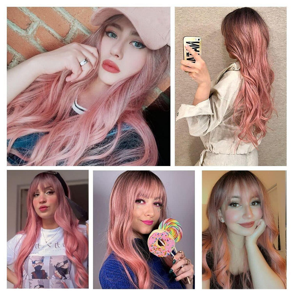 Lange gewellte Pink Ombre Perücke mit Pony – 26 Zoll
