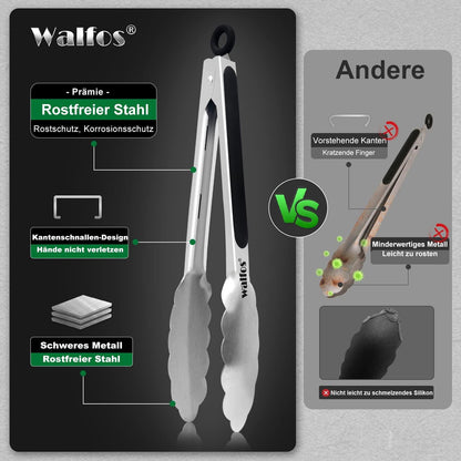 Walfos® Küchenzange Edelstahl Fleischzange 3er Set 18cm 23cm 30,5cm