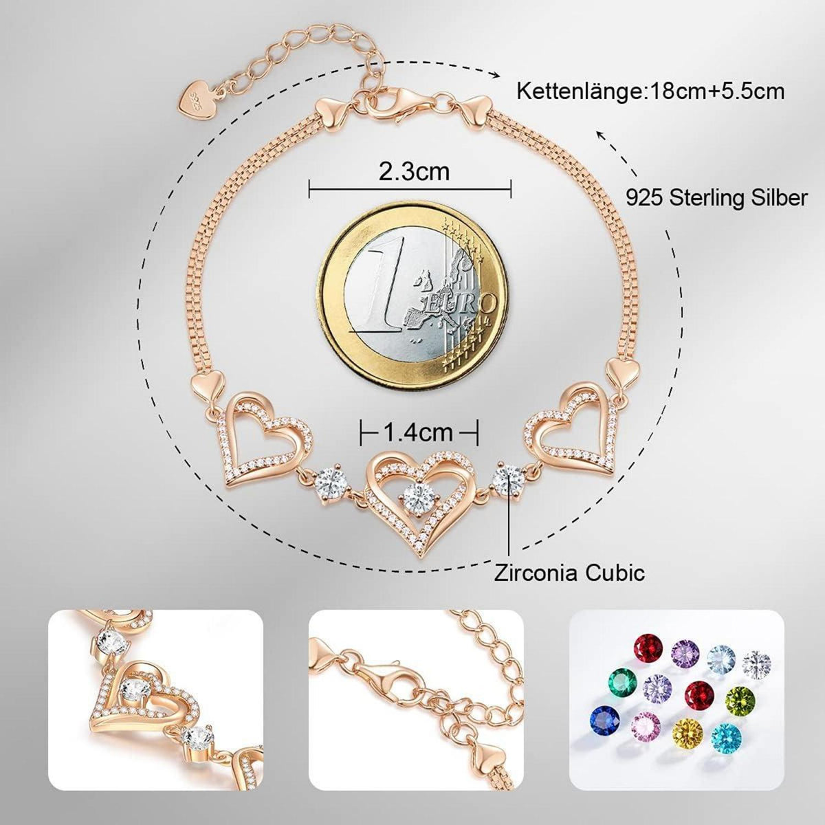 CDE Armband Damen 925 Sterling Silber Herz Rosegold Geburtsstein Armband Frauen Schmuck