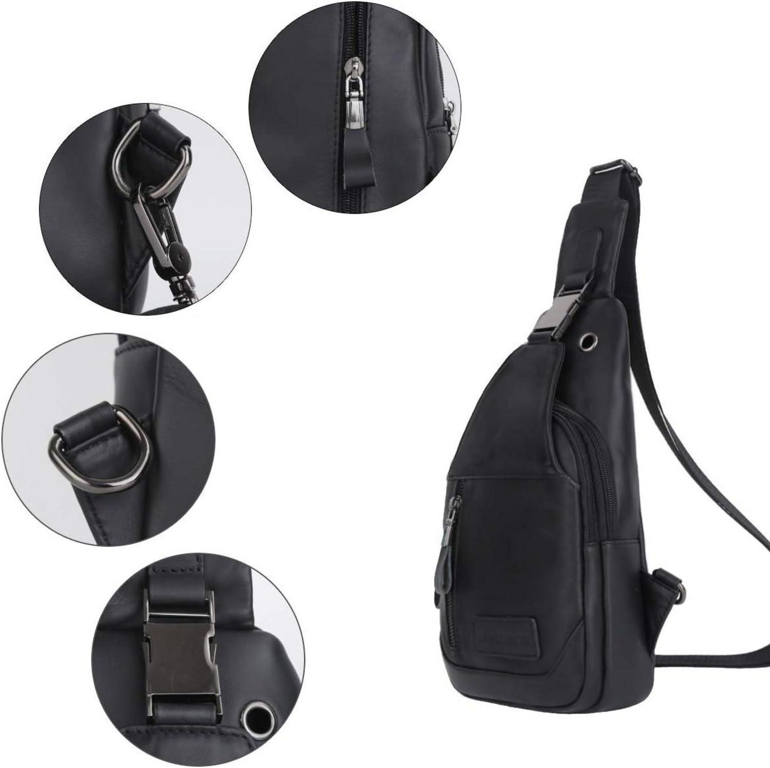 Leathario Brusttasche Herren Echtes Leder Schwarz Vintage Look 30x17x8cm