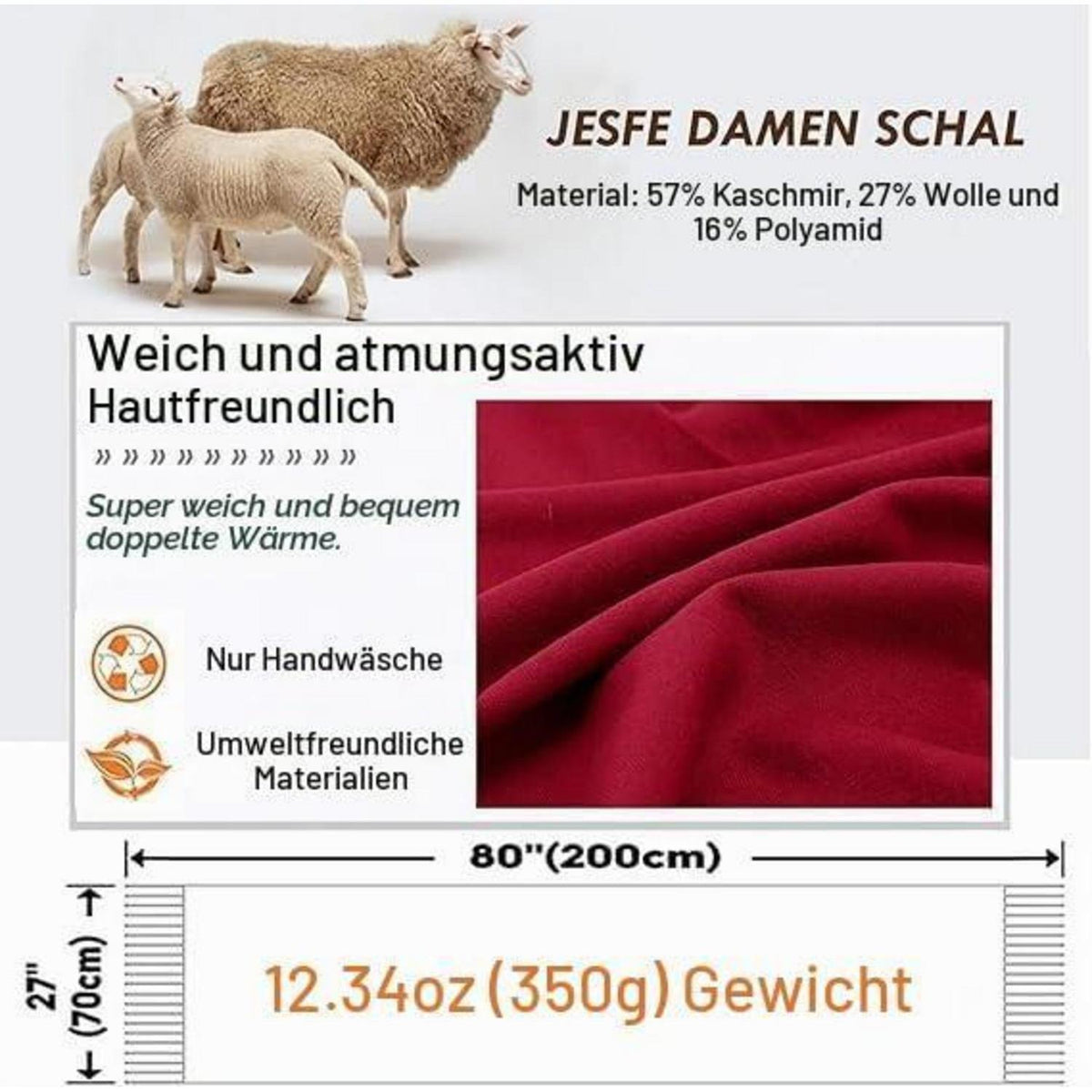 Kaschmir Schal Damen Doppelseitig Rot Grau Weicher Großer Schal
