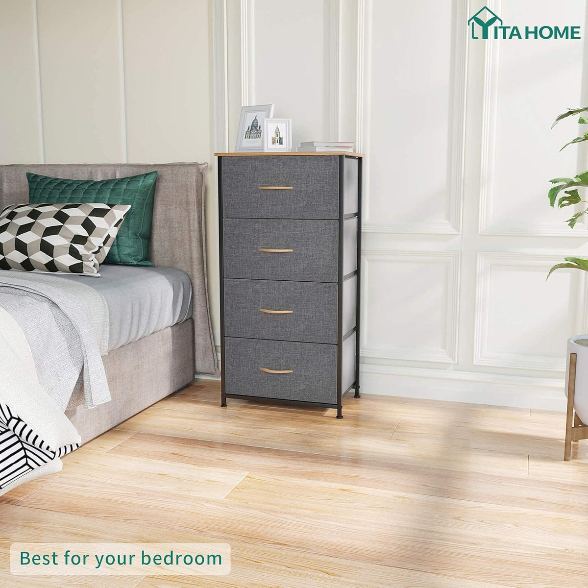 YITAHOME Kommode Industrial Stil 4 Schubladen Stoff Dunkelgrau
